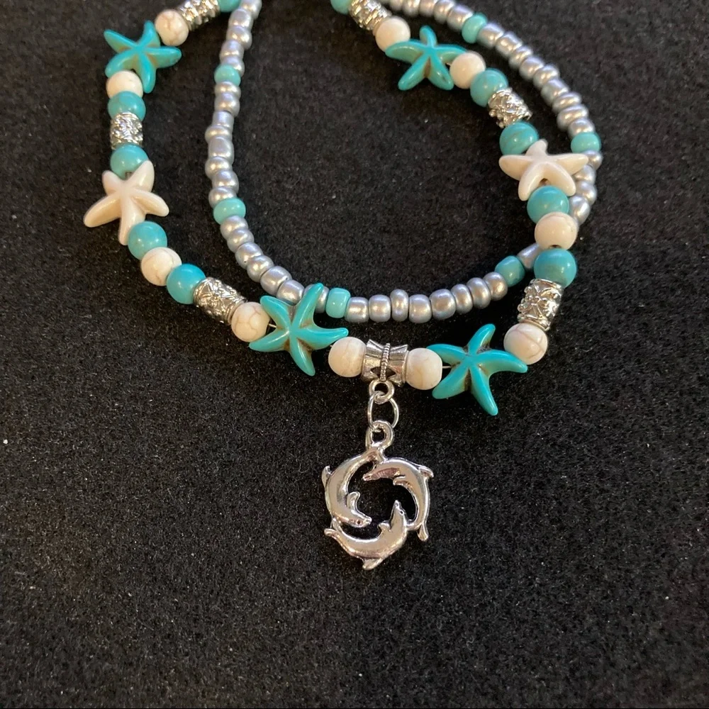 Dolphin Starfish Silver Toned Turquoise Beaded Boho Anklet - Picture 5 of 7